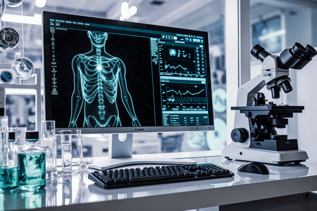 Medical technology lab with digital health scan, biotech research tools, and microscope on workstation.