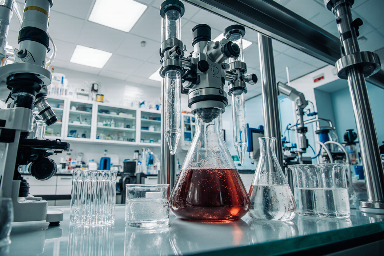 In a brightly lit, clean laboratory, scientific equipment, microscopes and flasks with various reagents are lined up on a tabletop.