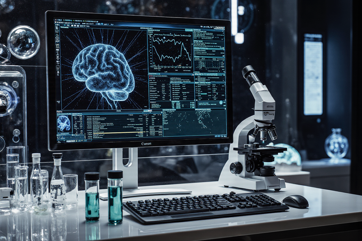 Neurological research lab with a 3D brain model, microscope, and vials, reflecting innovations from top medical device companies.